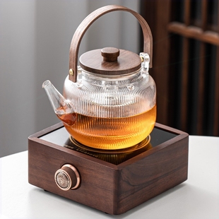 琨德家用围炉烤茶胡桃木小型电陶茶壶电热炉炉玻璃蒸茶器烧水壶煮
