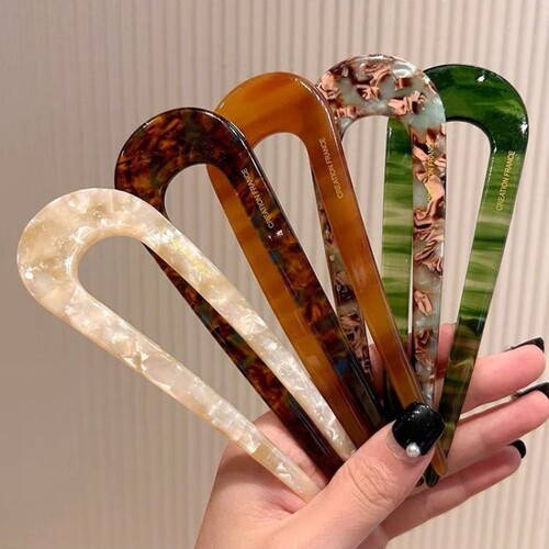 新中式U型发簪女2024固定丸子头盘发神器插梳后脑勺头饰醋酸簪子