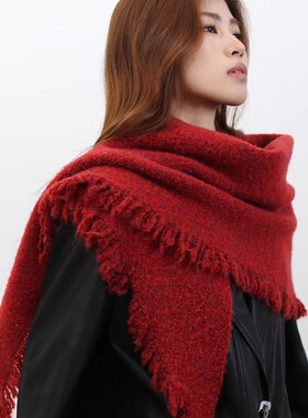 意大利BV秋冬高级感红色大三角巾围巾披肩时尚保暖圈圈纱短须外搭