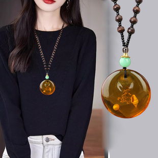 蜜蜡琥珀项链平安扣民族风长款毛衣链复古衣服挂件男女水滴饰品