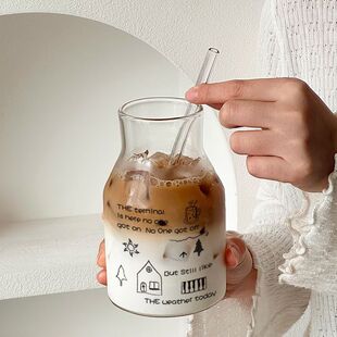 【百分百高硼硅材质】耐热耐冷650ml大容量印花手工玻璃杯送吸管