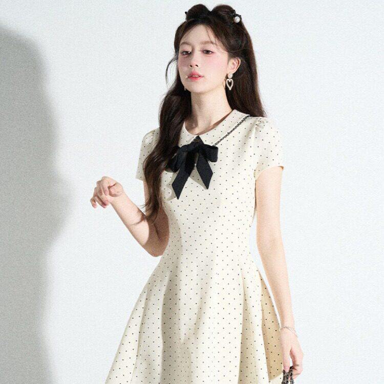 小香风娃娃领甜美杏色波点连衣裙女夏季小个子掐腰miu系小洋a字裙