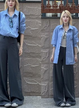 慵懒风灰色阔腿西装休闲裤女175高个子加长170垂感直筒宽松拖地裤