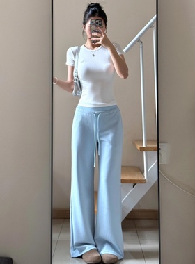 175高个子加长蓝色休闲卫裤女高腰180超长抽绳直筒显瘦宽松拖地裤