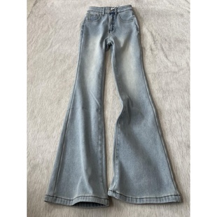 加绒浅色微喇牛仔裤女秋冬款175高个子加长高腰修身弹力喇叭裤子