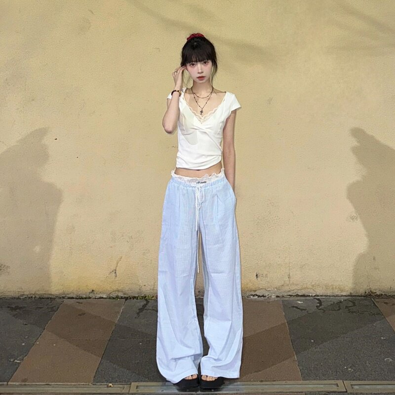 白色拼接蓝色休闲裤女175高个子加长180高腰宽松阔腿直筒拖地长裤