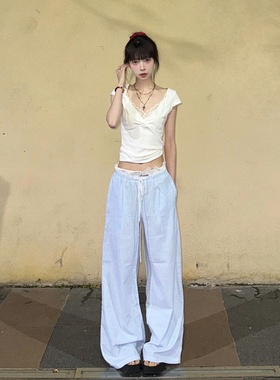 白色拼接蓝色休闲裤女175高个子加长180高腰宽松阔腿直筒拖地长裤