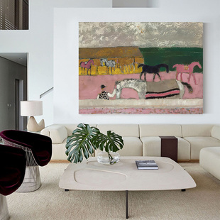 简约现代法式治愈系客厅挂画抽象纯手绘肌理艺术横版装饰油画马场