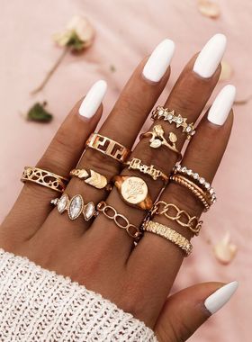 欧美跨境饰品个性复古风长城纹玫瑰花马眼链条几何形12件戒指套装