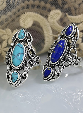 维多利亚时代925复古绿松石戒指 欧美创意镂空雕花青金石戒指