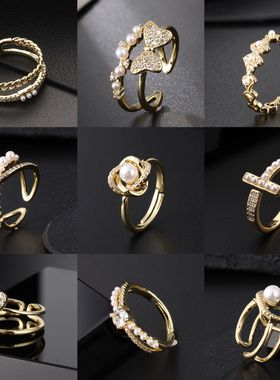 轻奢复古时尚食指戒网红冷淡风珍珠戒指几何简约开口尾戒小众指环