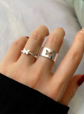 欧美跨境新品蝴蝶戒指套装ins复古创意金属几何镂空指环2件套情侣