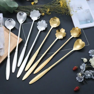 不锈钢花勺樱花玫瑰花勺婚礼长柄心形勺咖啡搅拌勺伴手礼燕窝蜂蜜