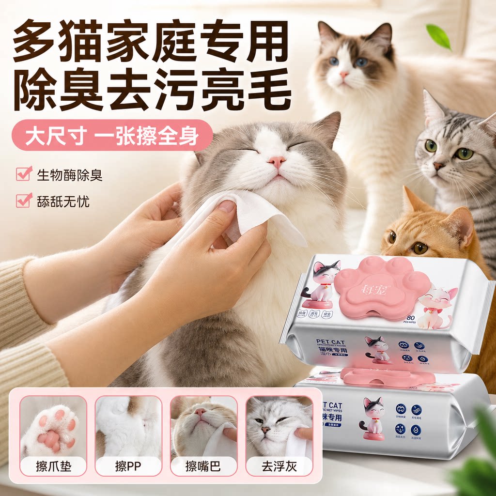 猫咪专用湿巾生物酶除臭顺毛亮毛