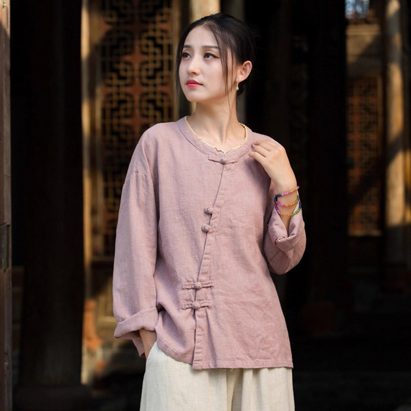 中式盘扣棉麻长袖衬衫春秋夏季女