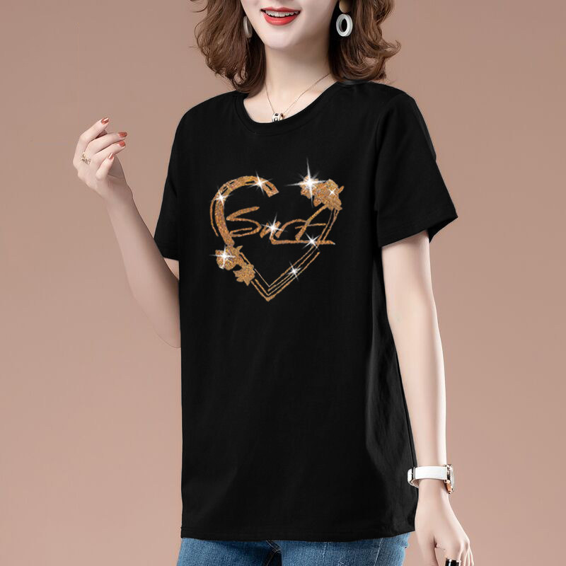 夏季韩版新款纯色烫钻短袖t恤女休闲大码女装宽松女士打底衫上衣