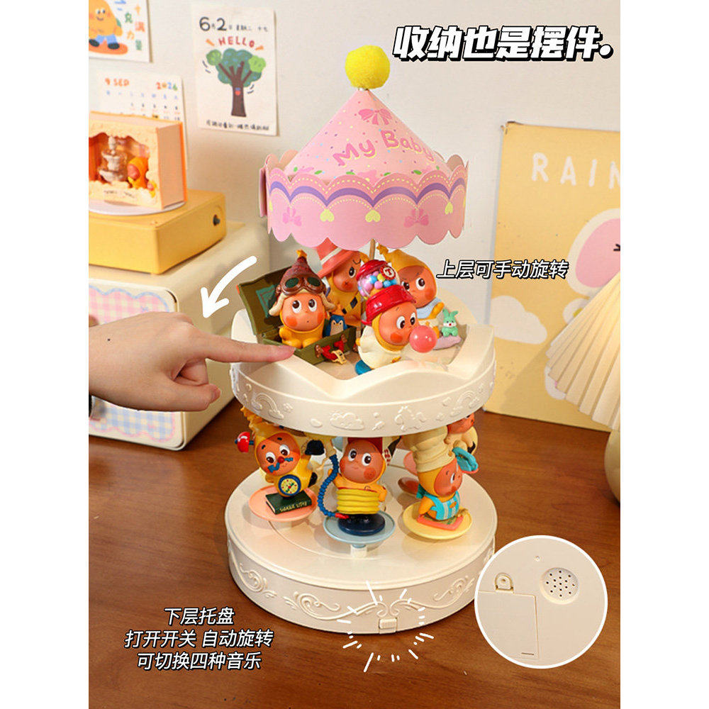 自动旋转盲盒收纳展示架玩具公仔置物架摆件娃娃旋转木马音乐盒女