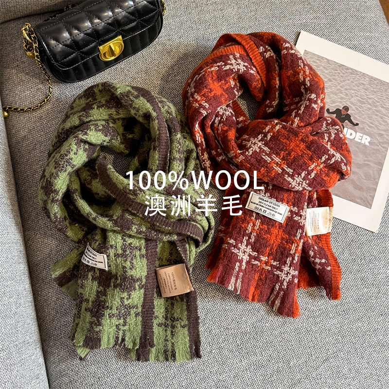 森系经典红绿色系围巾100%澳洲纯羊毛女秋冬保暖针织百搭女围脖