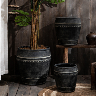 做旧复古黑白镁泥特大号花盆陶罐仿粗陶室内外散尾葵鸭脚木天堂鸟