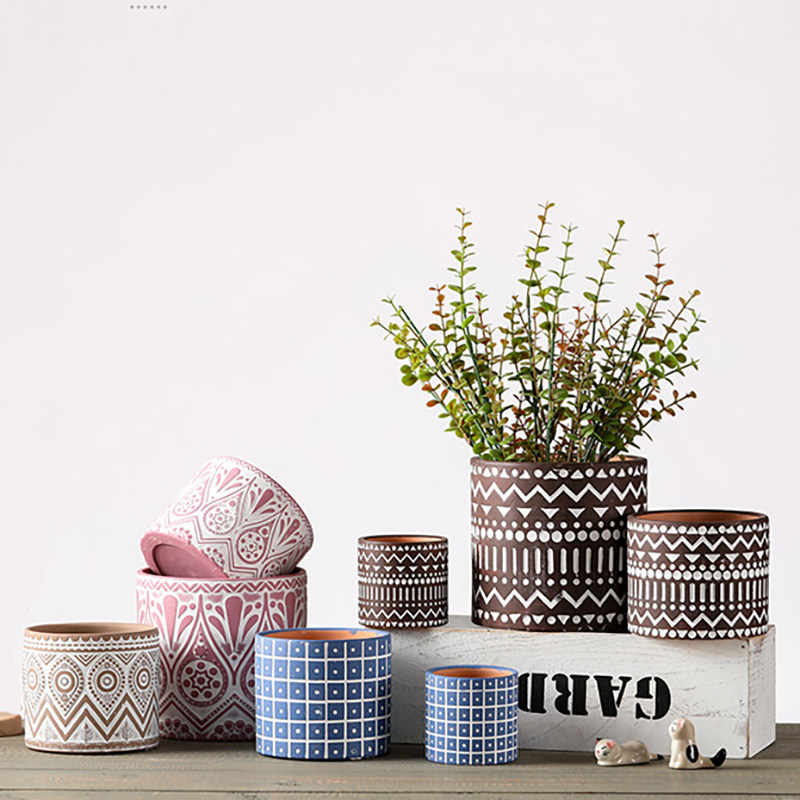 红陶机雕直筒北欧花盆