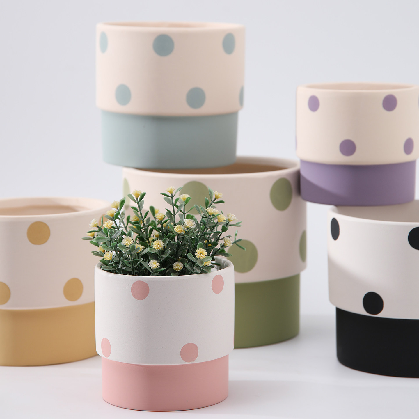 圆形彩绘波点花朵素烧陶瓷花盆透气陶土有孔带托盘种盆栽多肉小树,鲜花速递/花卉仿真/绿植园艺,花盆,淘宝优惠券,粉丝福利购,淘宝优惠卷