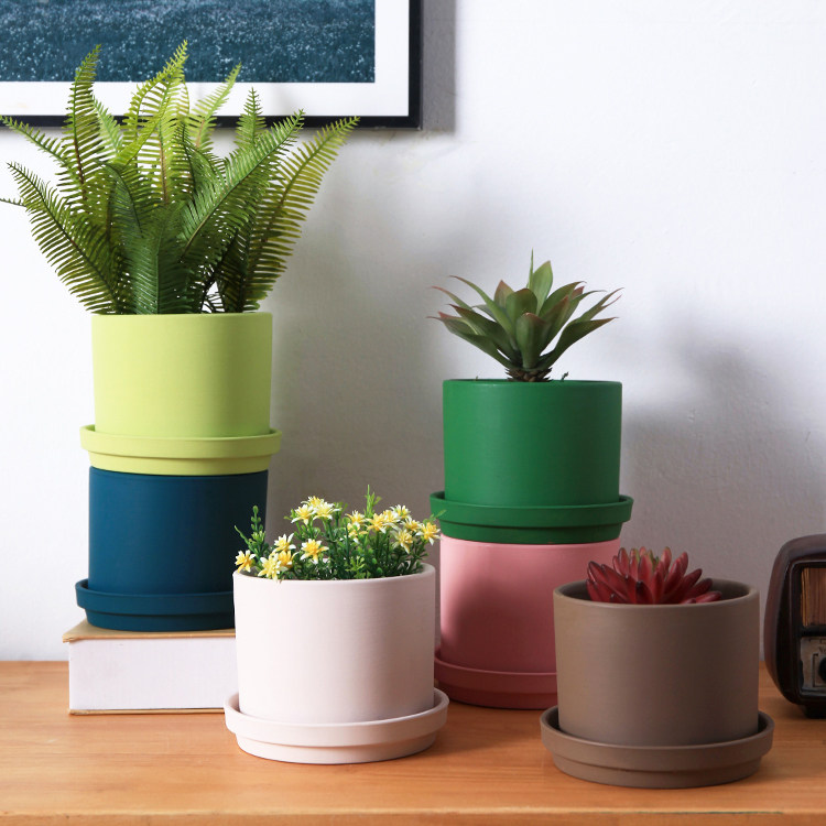 红陶花盆莫兰迪色北欧简约圆柱形带托盘透气陶土多肉绿植家居花器