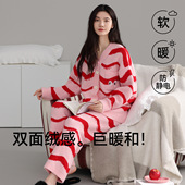 冬季 保暖套装 新款 睡衣女秋冬半边绒加厚加绒家居服冬天软绵绵长袖