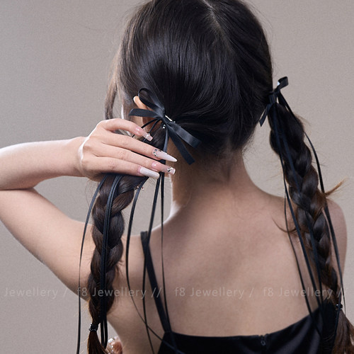 芭蕾风甜酷黑色蝴蝶结飘带发夹
