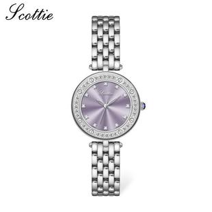厂家供应scottie新款 钢带女表紫色小众镶钻手表跨境直播9562d