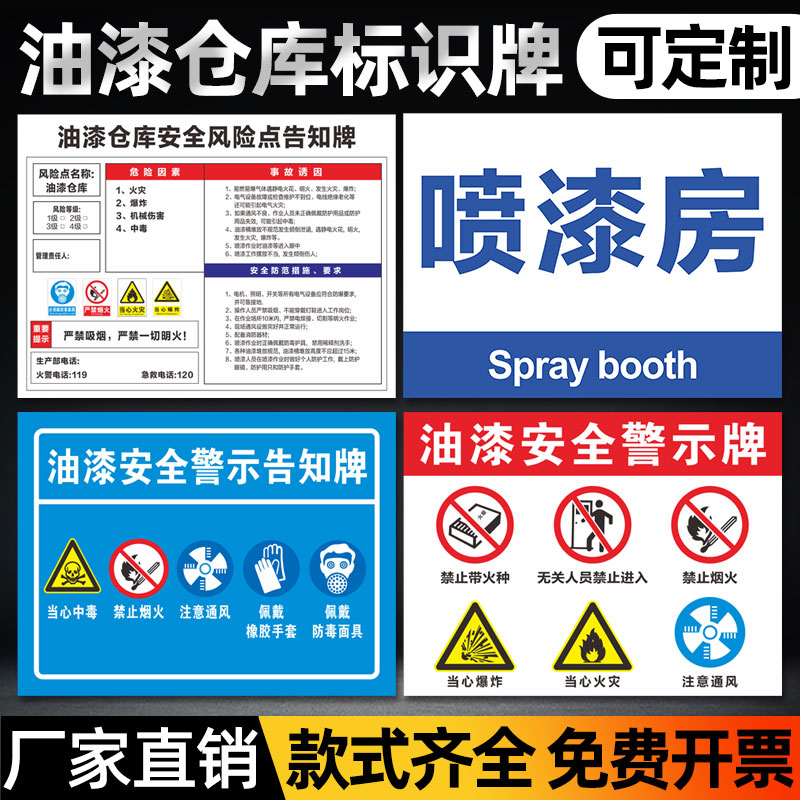 油漆车间仓库喷漆房安全警示牌禁止严禁烟火带火种当心火灾注意通风标志贴标识贴提示牌警示牌警告安全标识牌