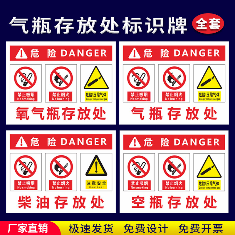 气瓶存放处提示安全标识牌氧气瓶空瓶车间工厂仓库氩气瓶汽油酒精油漆存放处警示标示牌车间仓库提示标志牌