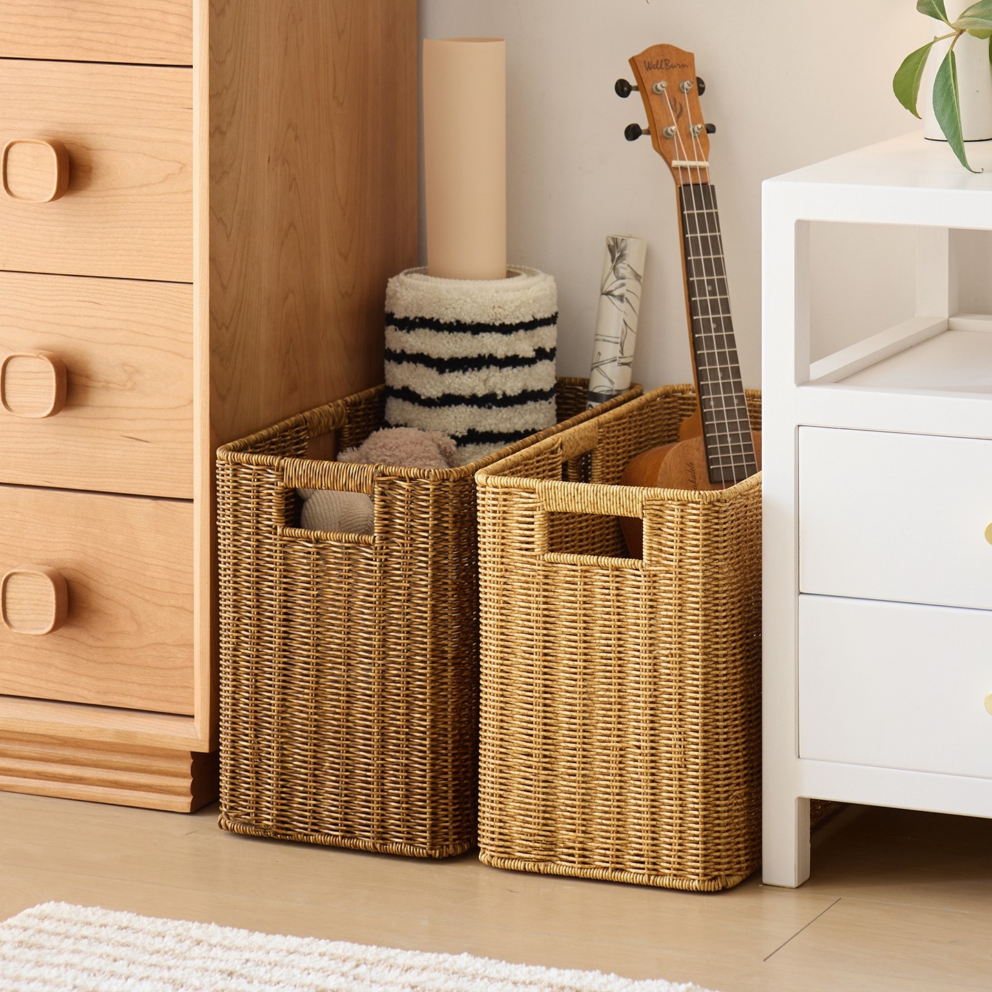 窄高型编织收纳筐家用缝隙杂志筐仿藤编窄长款墙角沙发边角储物筐,收纳整理,收纳筐,淘宝优惠券,粉丝福利购,淘宝优惠卷