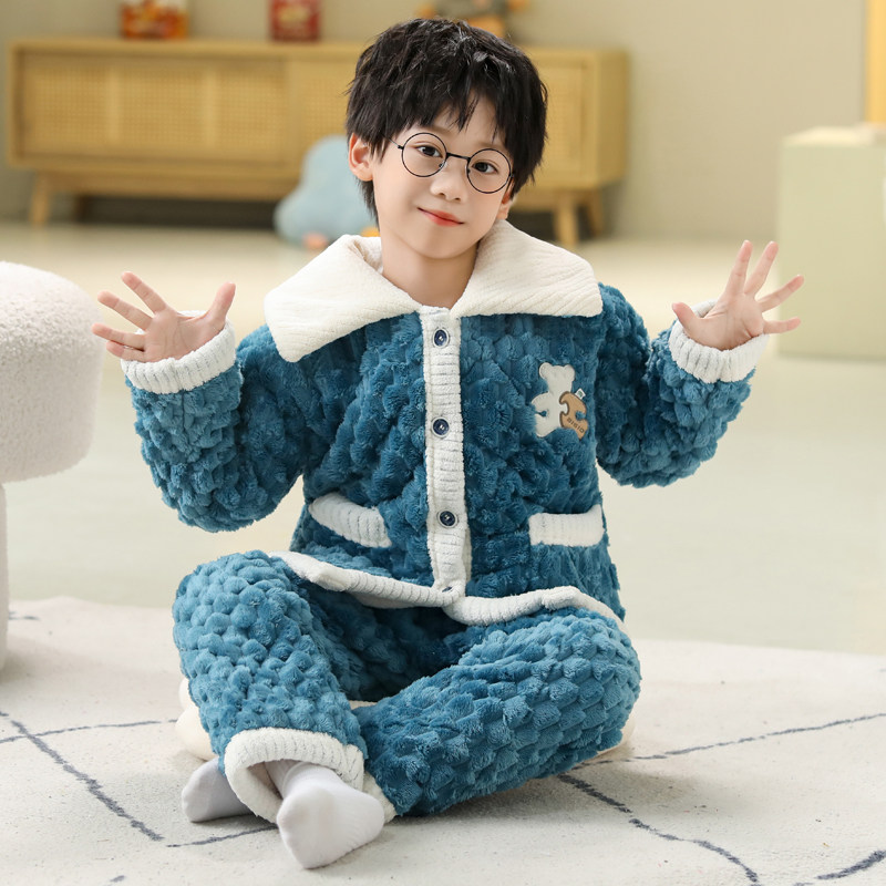 2023款儿童睡衣冬季加厚款三层夹棉冬款加绒男童男孩珊瑚绒家居服