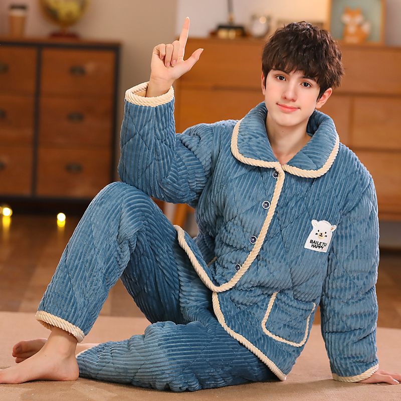 男童加厚款法兰绒家居服夹棉男孩套装秋冬季青少年大童珊瑚绒睡衣
