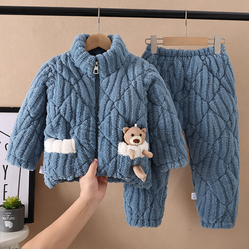 冬季男童三层加厚加绒夹棉袄睡衣珊瑚绒女童儿童男孩法兰绒家居服