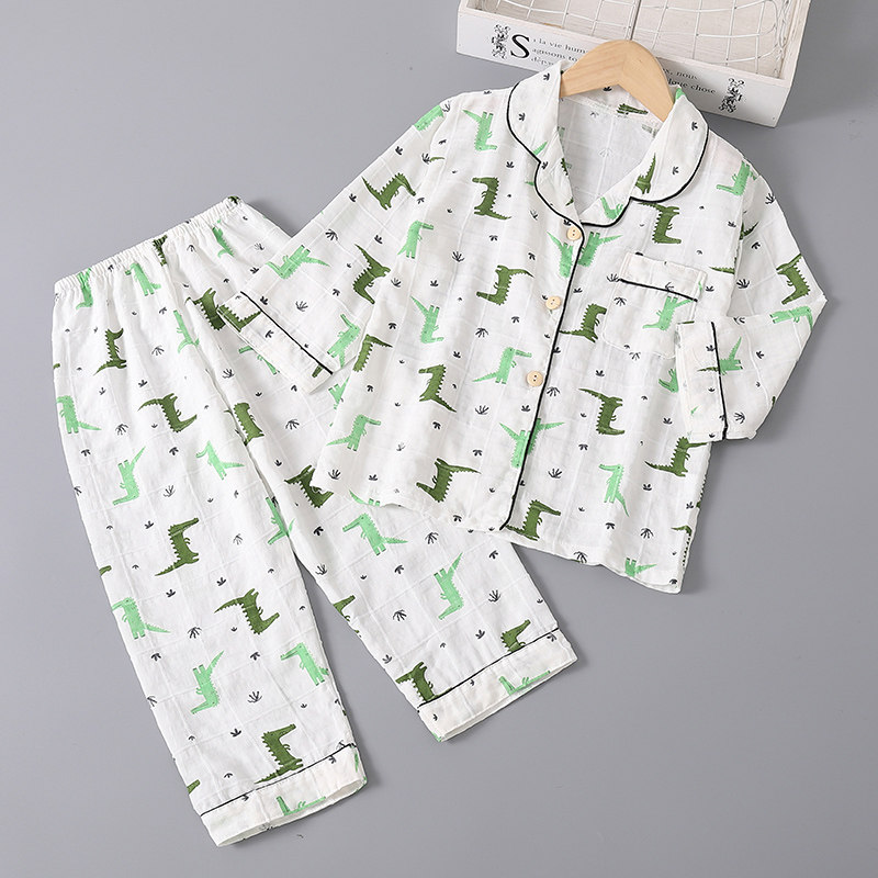 夏季儿童纯棉纱布睡衣薄款男童女童长袖套装男孩宝宝春秋家居服