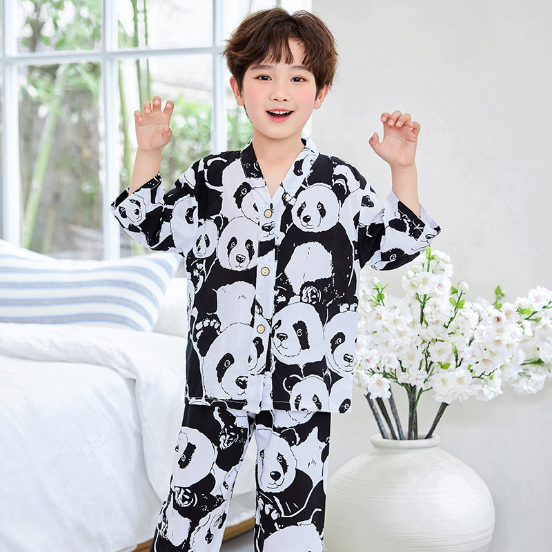 夏季男童女童宝宝空调家居服男孩薄款绵绸儿童七分袖棉绸睡衣套装