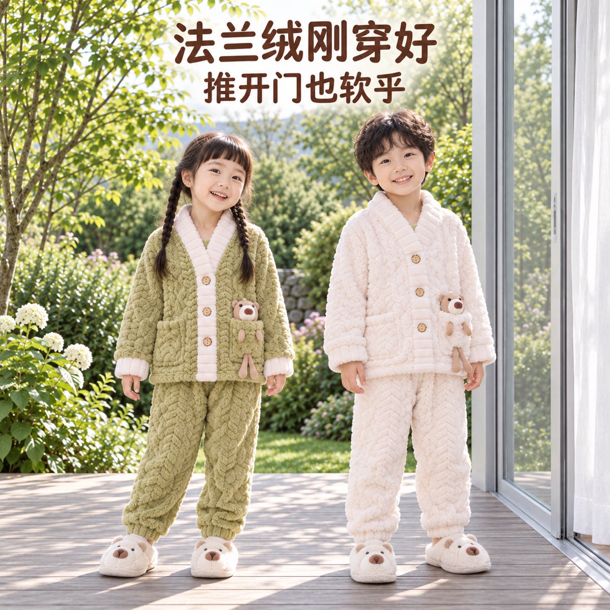 秋冬季女童宝宝加厚法兰绒儿童家居服套装男童男孩珊瑚绒睡衣