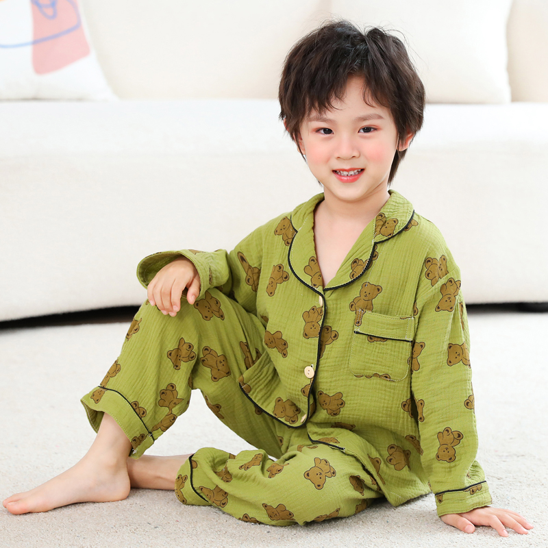 夏季男孩子薄款纱布睡衣儿童纯棉家居服女童男童宝宝春秋长袖套装