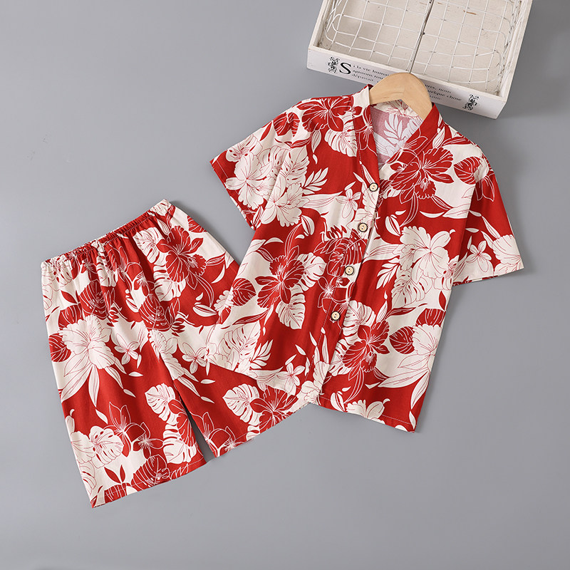 女童男童夏季儿童短袖短裤女孩棉绸套装绵绸睡衣宝宝空调家居服