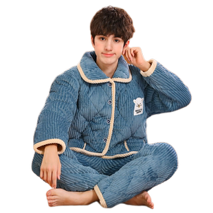 男童加厚款法兰绒家居服夹棉男孩套装秋冬季青少年大童珊瑚绒睡衣