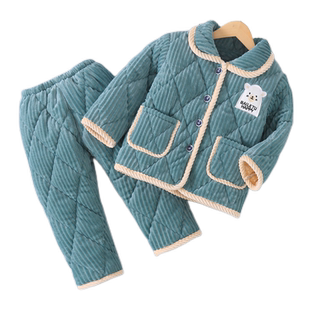 秋冬季儿童法兰绒睡衣女男童加厚款珊瑚绒男女孩子宝宝夹棉家居服