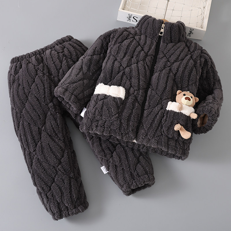 冬季加厚加绒男童睡衣珊瑚绒男孩法兰绒家居服女童儿童三层夹棉袄