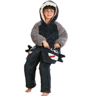 冬季儿童加厚睡衣男童法兰绒三层加绒夹棉中大童珊瑚绒家居服套装