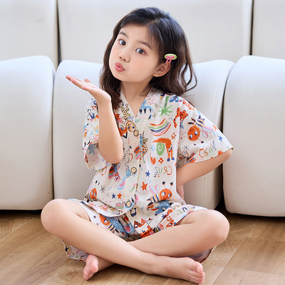 夏季女孩棉绸短袖短裤男童女孩空调家居服儿童绵绸睡衣套装