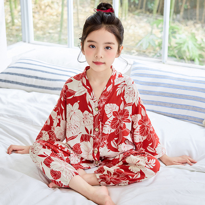 儿童棉绸睡衣夏季女童女孩绵绸套装七分袖男童宝宝薄款空调家居服