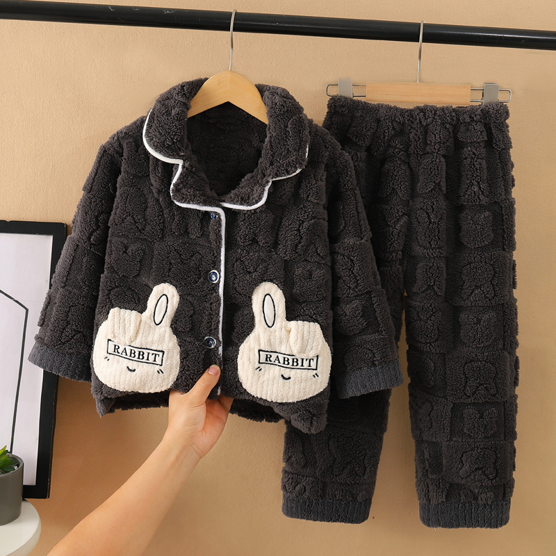 春秋冬季加厚款珊瑚绒女童小孩宝宝家居服儿童睡衣法兰绒男童套装