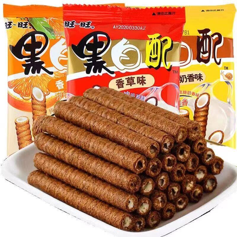 【优选】#旺旺黑白配旺仔夹心卷饼干巧克力儿童品小吃香草味散