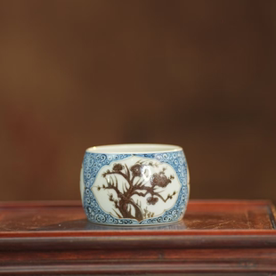 元邑 | 青花釉里红松竹梅腰鼓杯 110ML 景德镇瓷器纯手工茶杯茶具