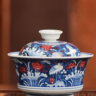 永明尚玩丨一鹭莲科马蹄盖碗120ml景德镇陶瓷纯手工手绘茶杯茶具